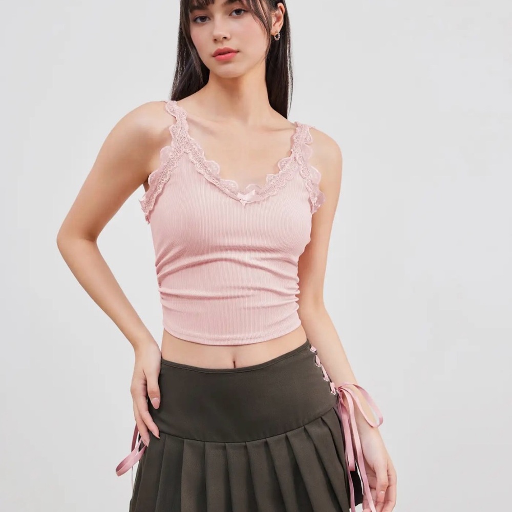 Cider V-NECK BOWKNOT LACE Ribbed CAMI CROPPED Sz 2XL Lace Lined 90s Y2K style